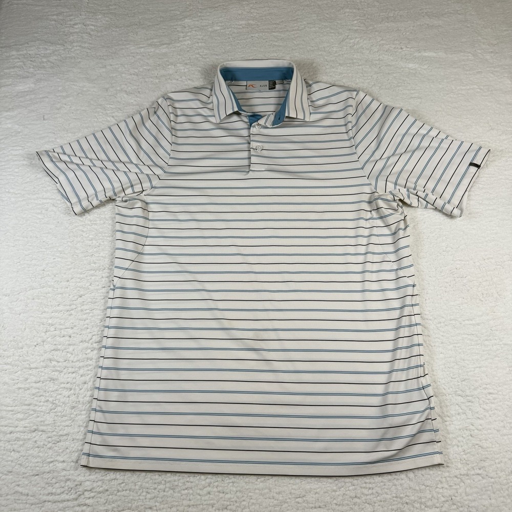 KJUS Polo Mens 52 L White Blue Stripe Golf Shirt UPF 50+ Performance Comfort Fit